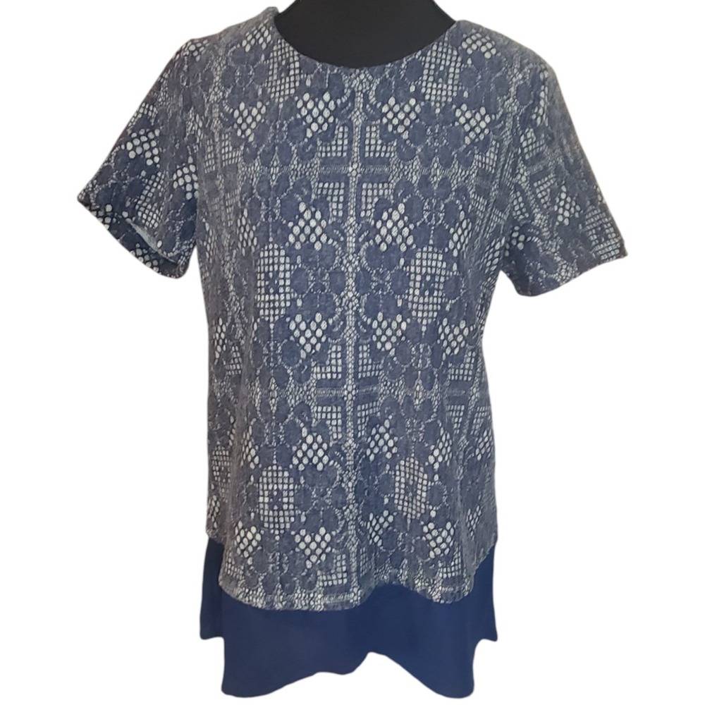 PLEIONE Blue & White Blouse Artisanal Lace Overlay‎ Mixed Media Top Size Small - Picture 2 of 8